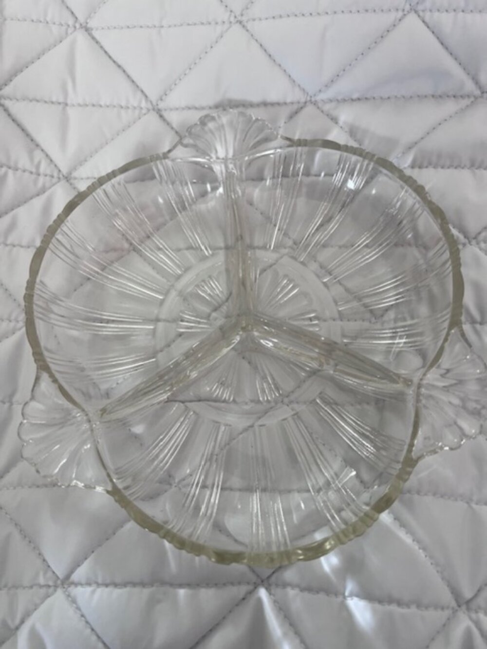 Vintage Clear Glass Serving Dish three section Scalloped Edge Ridge Fan Art Deco